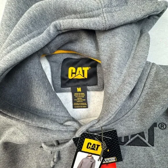 CAT Men Sz M Gray Sweatshirt Kangaroo Pocket Adjustable 3Piece Hood Black Logo - Picture 5 of 9